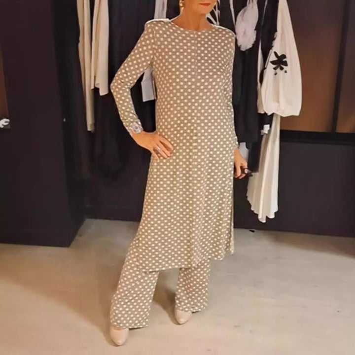 Women Nan Polka Dot Lounge Set with Long A-Line Tunic, Center Front Slit, and Wide Palazzo Pants Mune Fashion