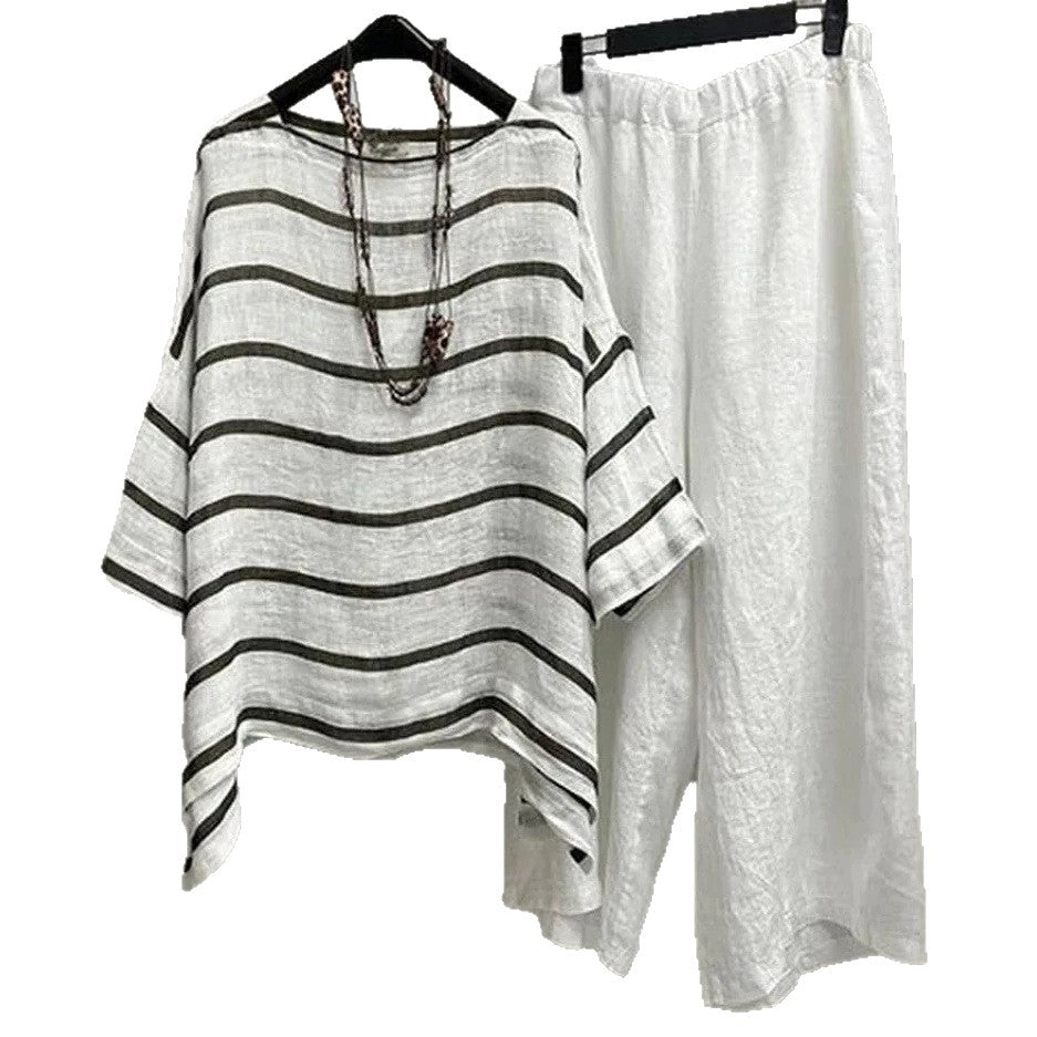 Women's casual linen set with asymmetrical striped blouse and wide elastic waistband pants Mune Fashion