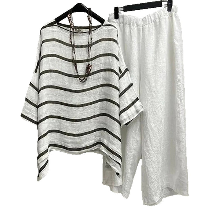 Women's casual linen set with asymmetrical striped blouse and wide elastic waistband pants Mune Fashion