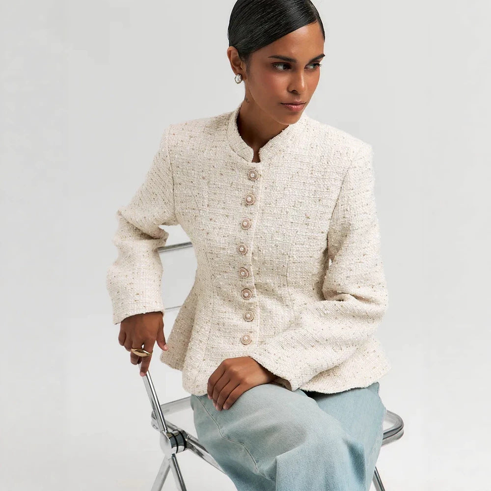 Women's Boucle Blazer with Stand Collar and Fitted Peplum Silhouette Mune Fashion