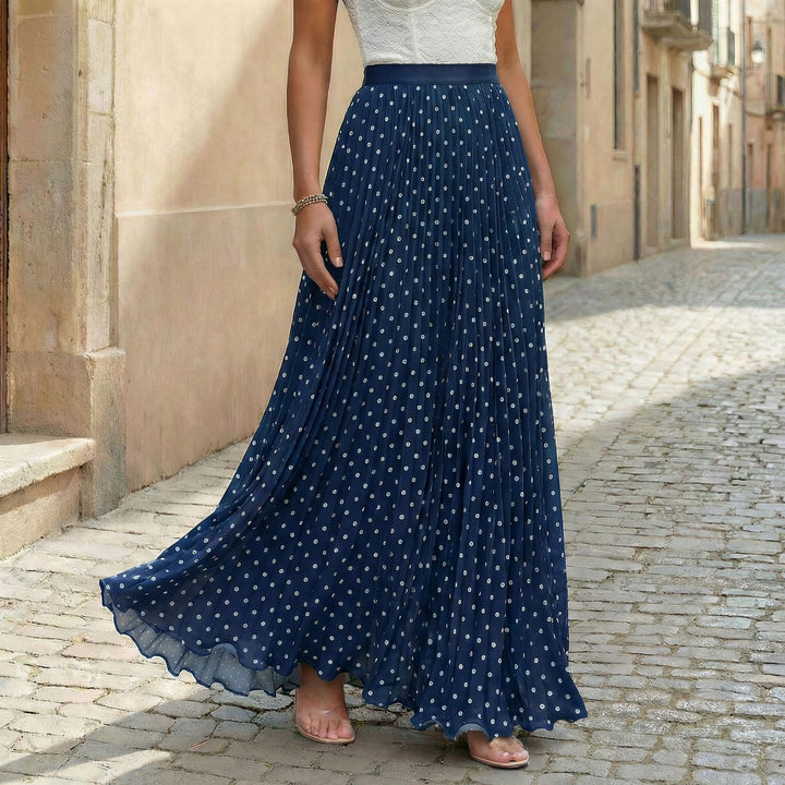 Women's pleated maxi skirt with polka dots, elastic waistband and voluminous drape Mune Fashion