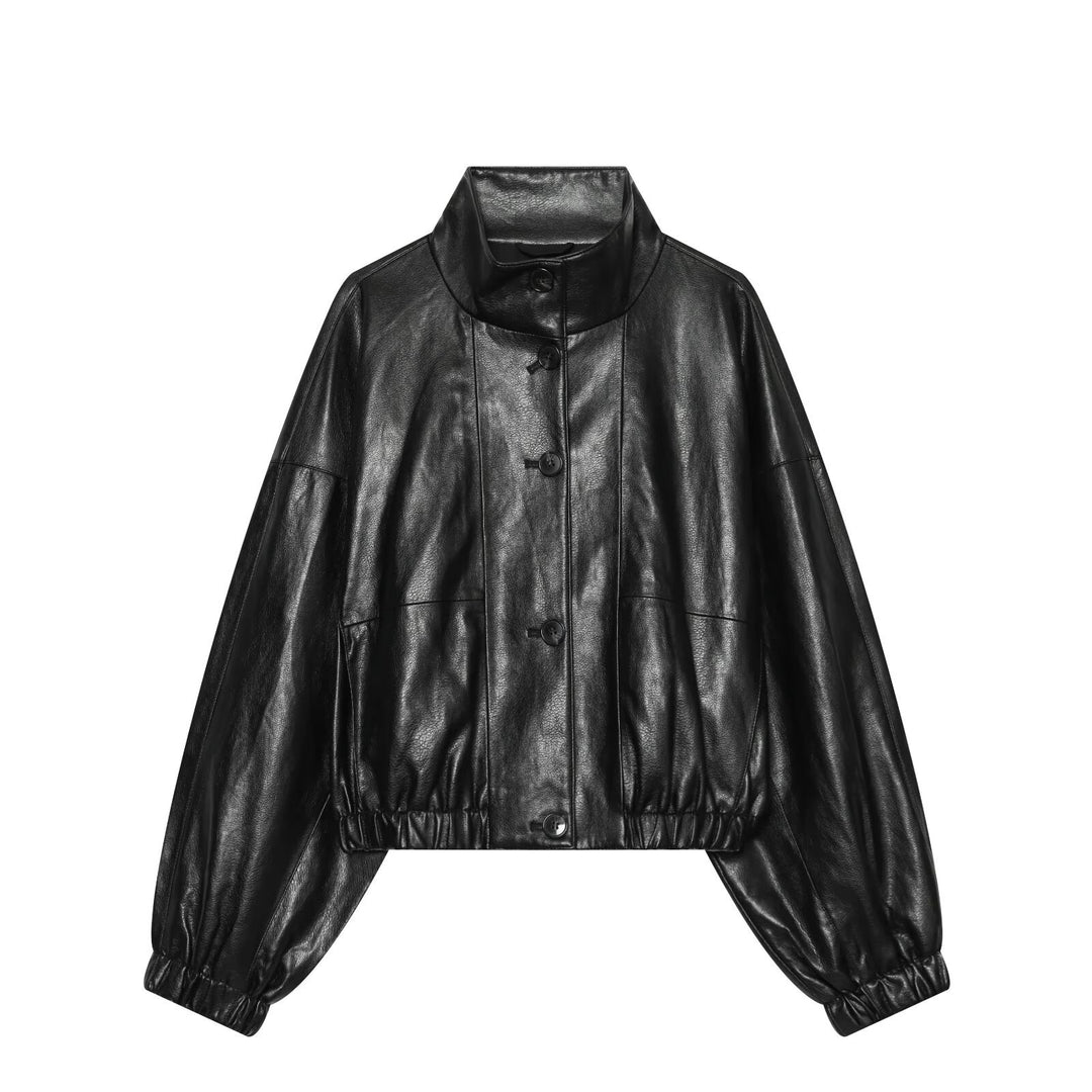 Women's Short Faux Leather Bomber Jacket with High Funnel Collar and Elastic Hem Mune Fashion