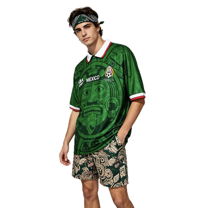 Unisex nan vintage-inspired football shirt with polo collar and large-scale Aztec motif Mune Fashion