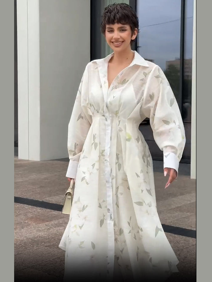 Women's Transparent Shirt Dress Made of Organza with Tailored Silhouette and Balloon Sleeves Mune Fashion