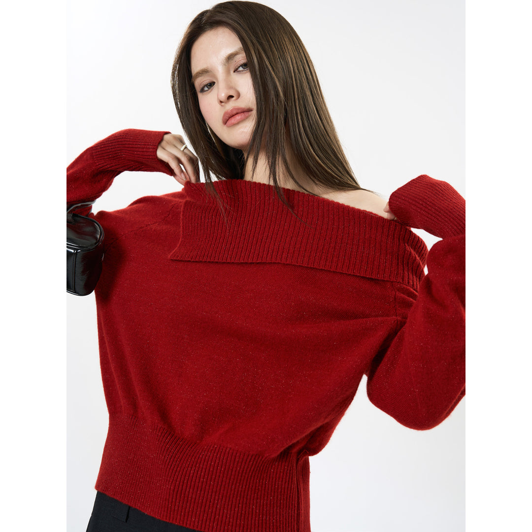Women's Off-Shoulder Oversized Ribbed Knit Sweater with Folded Collar Mune Fashion