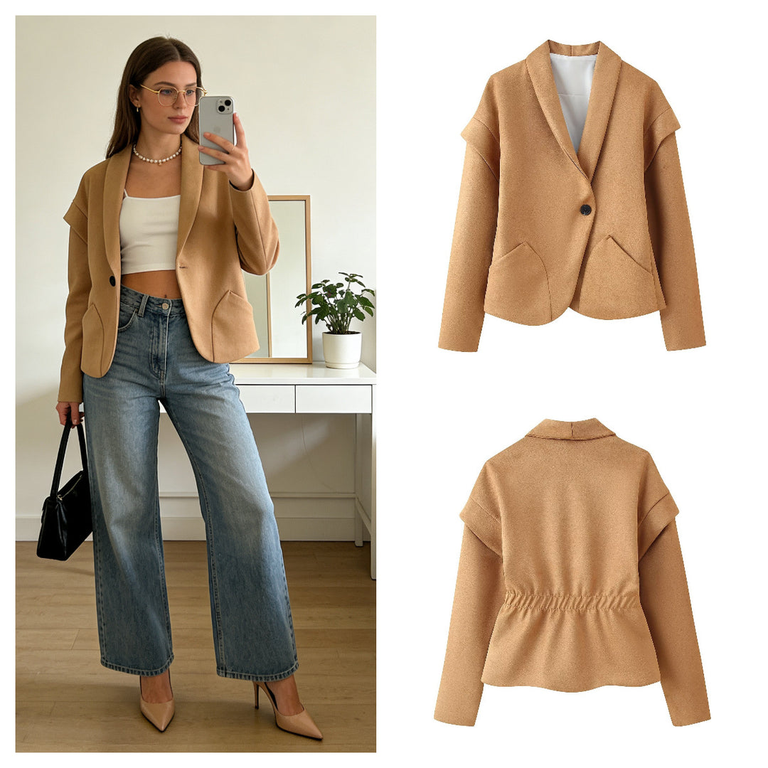 Ladies short blazer made of suede look with shawl collar and rounded hem Mune Fashion