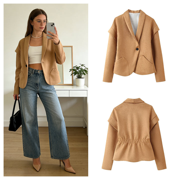 Ladies short blazer made of suede look with shawl collar and rounded hem Mune Fashion