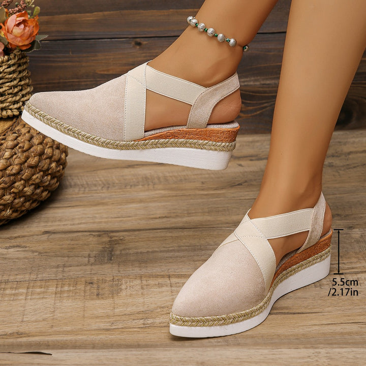 Women's velour slingback wedge with pointed toe cap, braided jute band, and cushioned outsole Mune Fashion