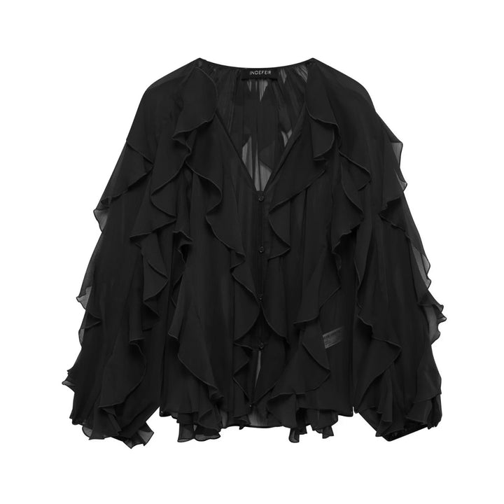 Women Chiffon Blouse with multiple ruffle frills and button placket Mune Fashion