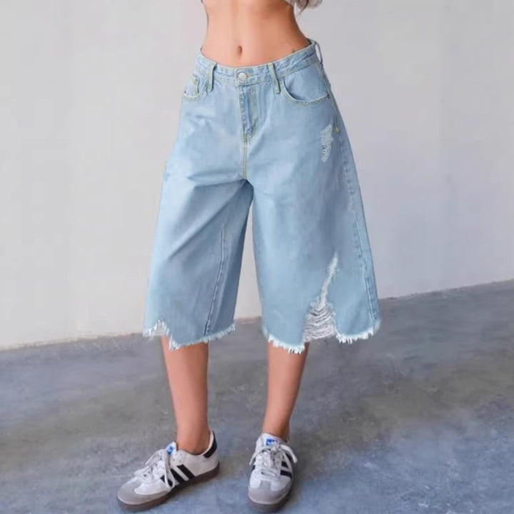 Women's Wide Denim Culotte with High Waist, Distressed Details and Raw Hem Mune Fashion