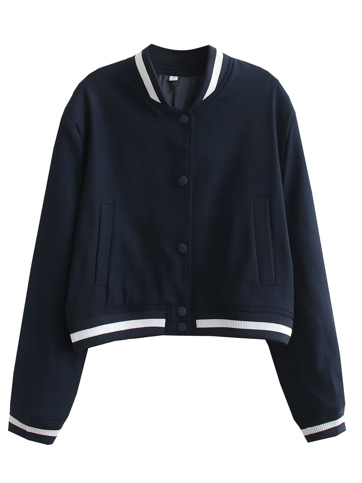 Women nan short college bomber jacket with snap button closure, ribbed stripe waistband and side pockets Mune Fashion