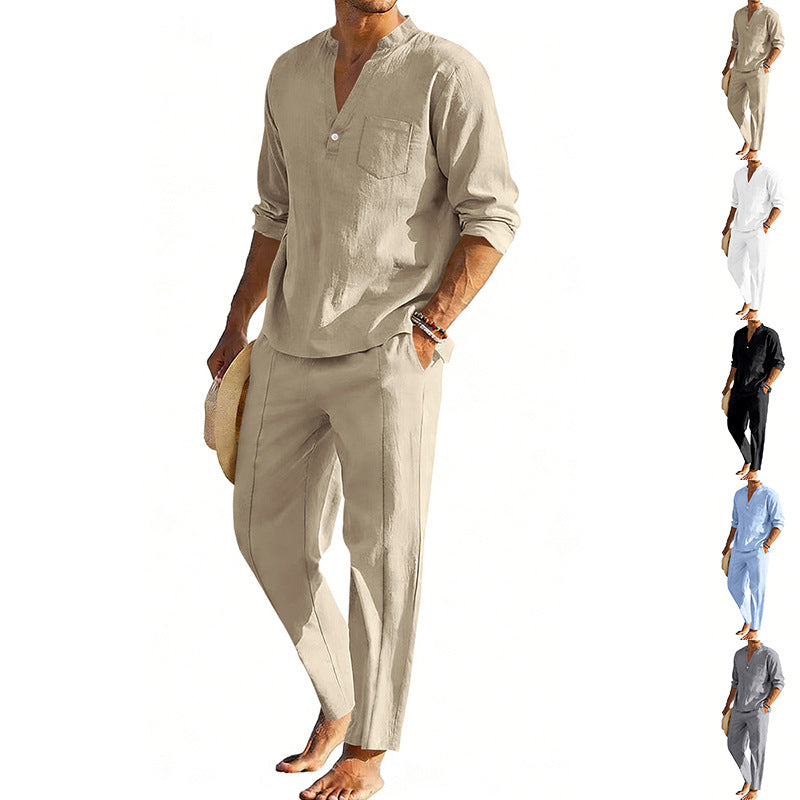 Men's comfortable linen two-piece with stand-up collar shirt and tapered ankle-length pants Mune Fashion