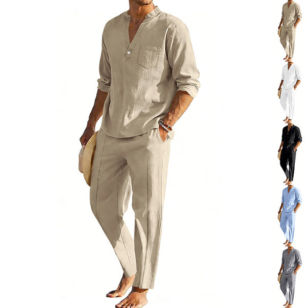 Men's comfortable linen two-piece with stand-up collar shirt and tapered ankle-length pants Mune Fashion