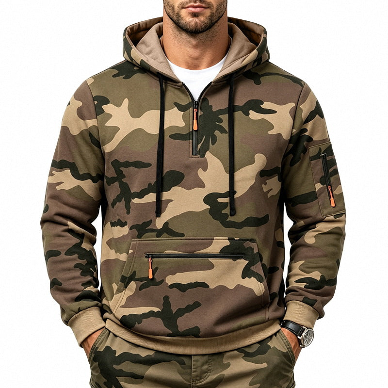 Men's Hoodie with Camouflage Pattern, Zipper Pockets and Kangaroo Pocket Mune Fashion