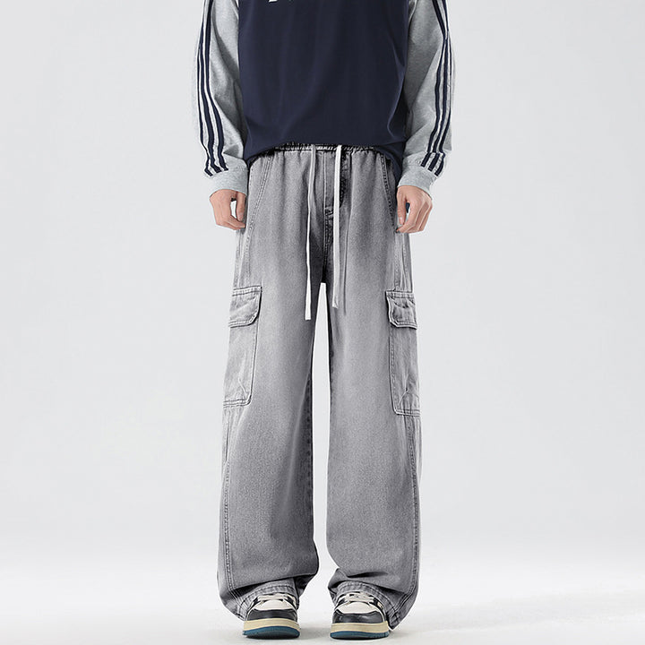 Men's Stonewashed Denim Cargo Palazzo with Extra Wide Legs and Visible Decorative Stitching Mune Fashion