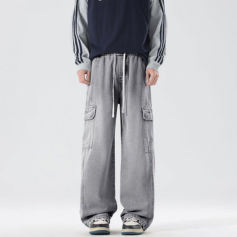 Men's Stonewashed Denim Cargo Palazzo with Extra Wide Legs and Visible Decorative Stitching Mune Fashion