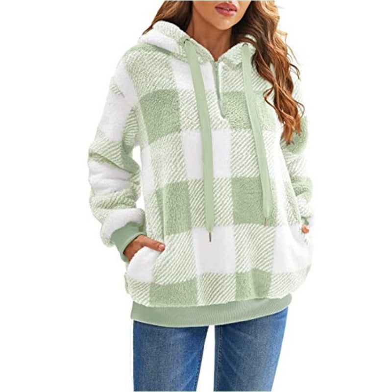 Women's Oversized Sherpa Hoodie in Check Pattern with Half Zipper and Kangaroo Pocket Mune Fashion