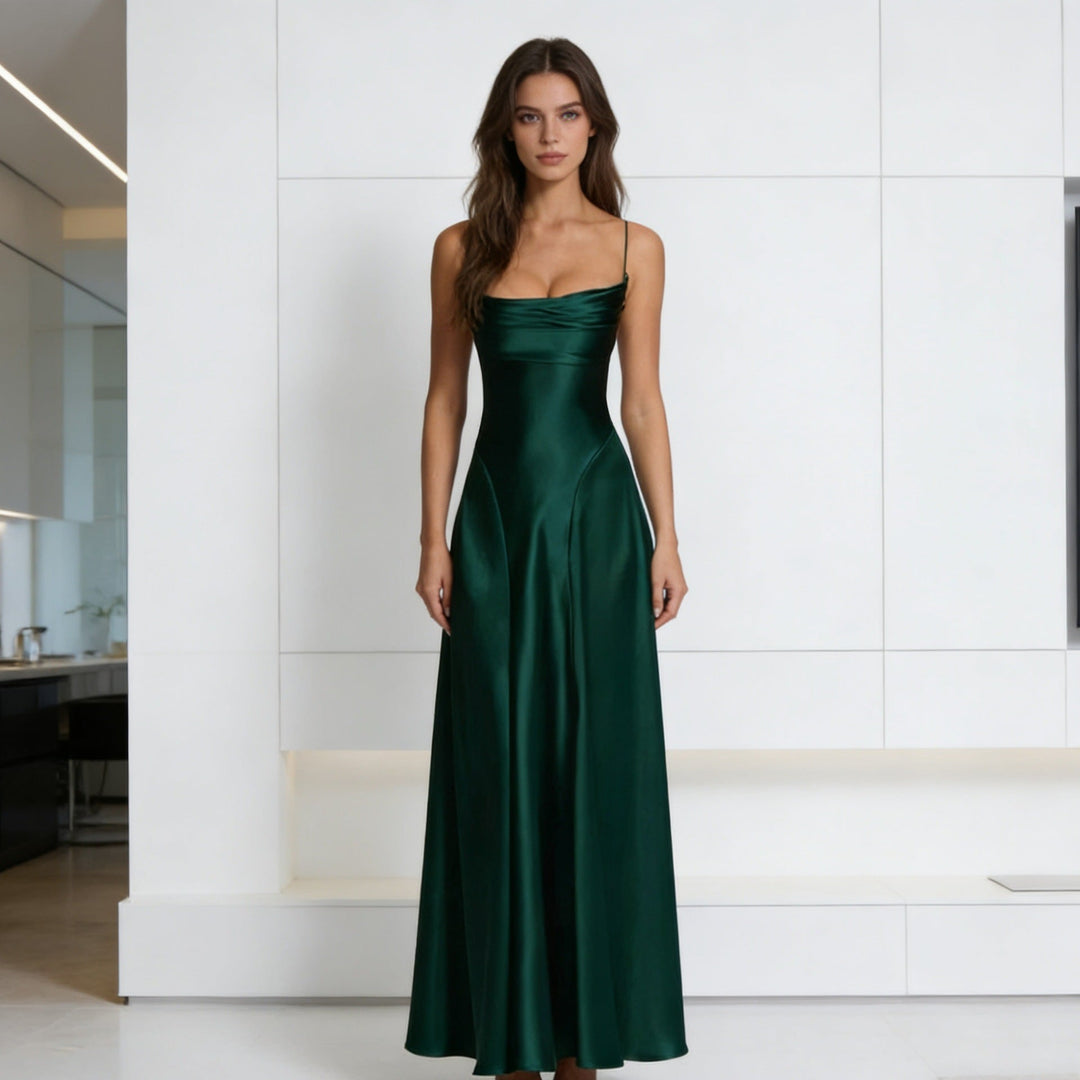 Ladies Elegant Satin Evening Dress with Fitted Cut and Slim Straps Mune Fashion
