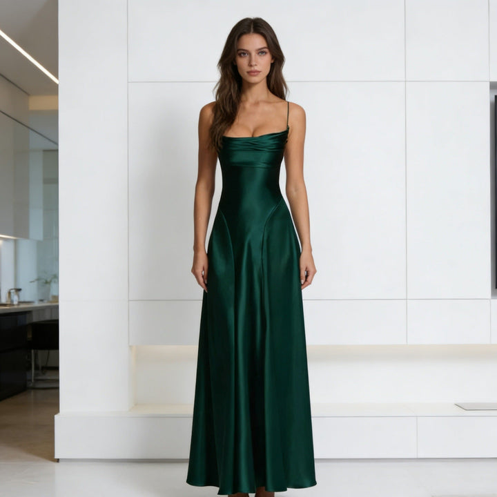 Ladies Elegant Satin Evening Dress with Fitted Cut and Slim Straps Mune Fashion