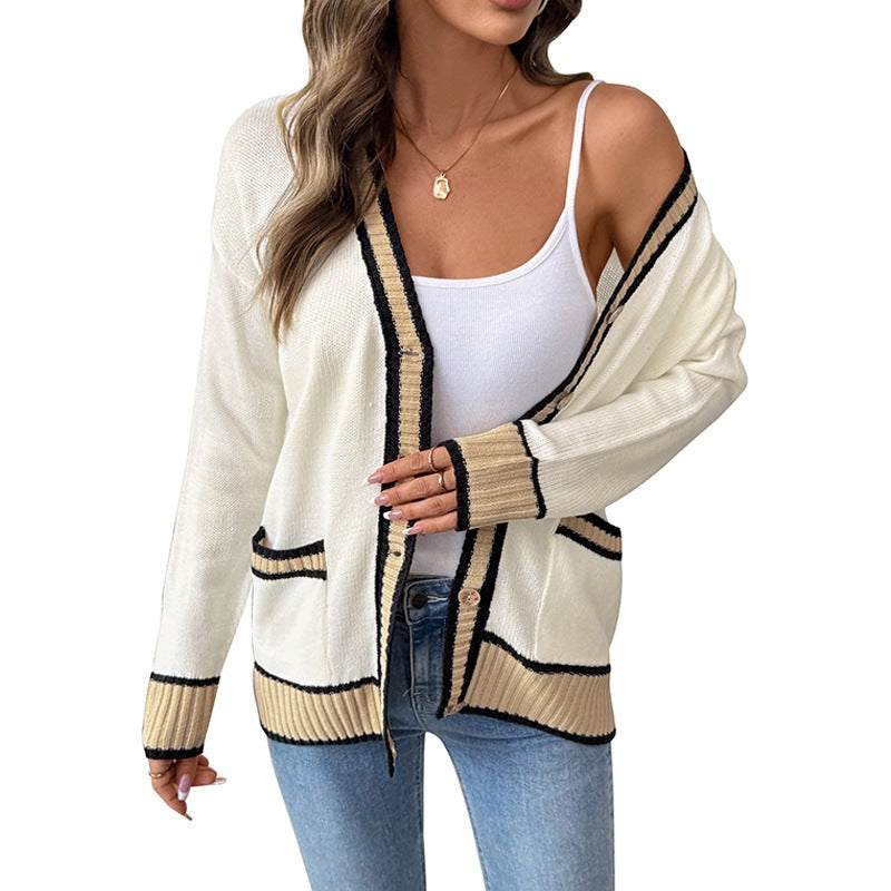 Women's Long Fine Knit Cardigan with V-Neck, Contrast Piping and Patch Pockets Mune Fashion