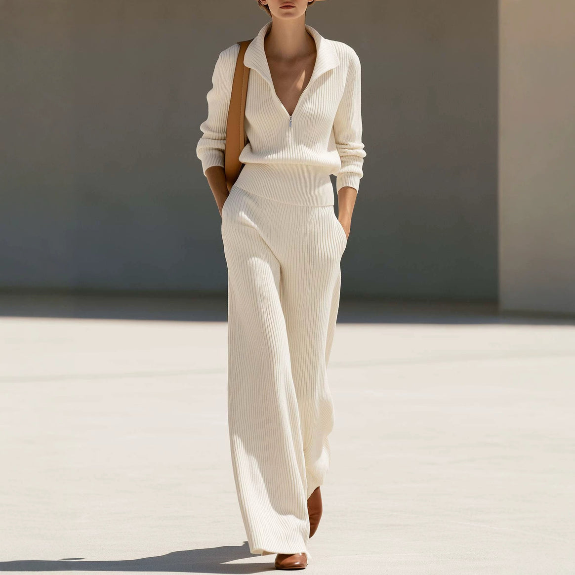 Women's ribbed knit set with half zipper and wide palazzo pants Mune Fashion
