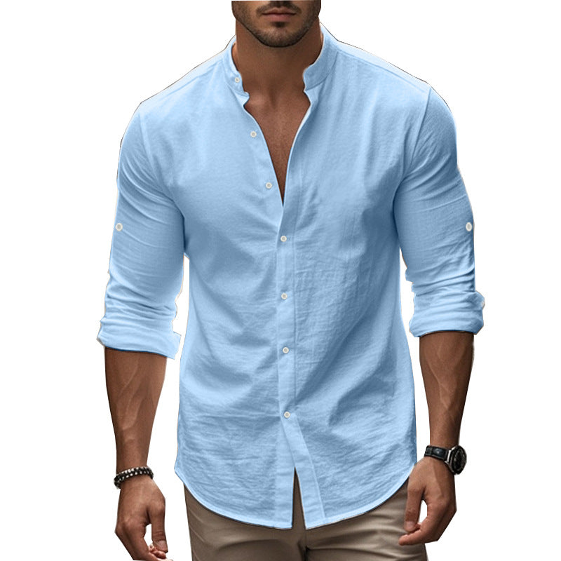 Men's casual linen shirt with standing collar, full button placket and roll-up sleeves Mune Fashion