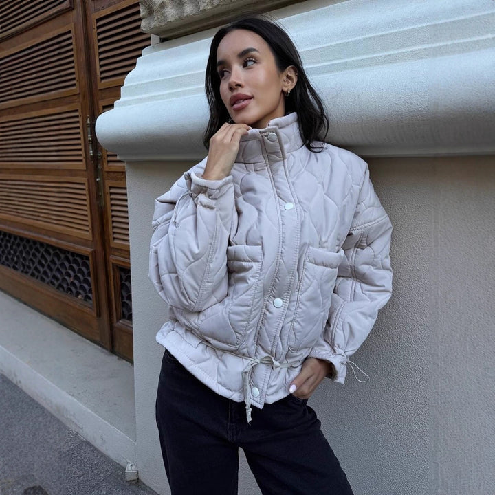 Women Short Cut Quilted Padded Jacket with Stand Collar Mune Fashion