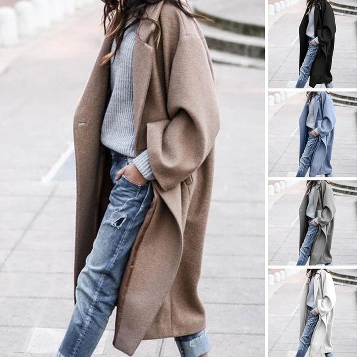 Women's longer oversized wool blend kimono coat with open front and deep side pockets Mune Fashion