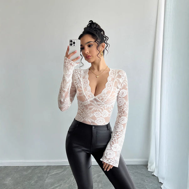 Ladies tailored lace shirt with deep V-neck, floral net lace and long sleeves Mune Fashion