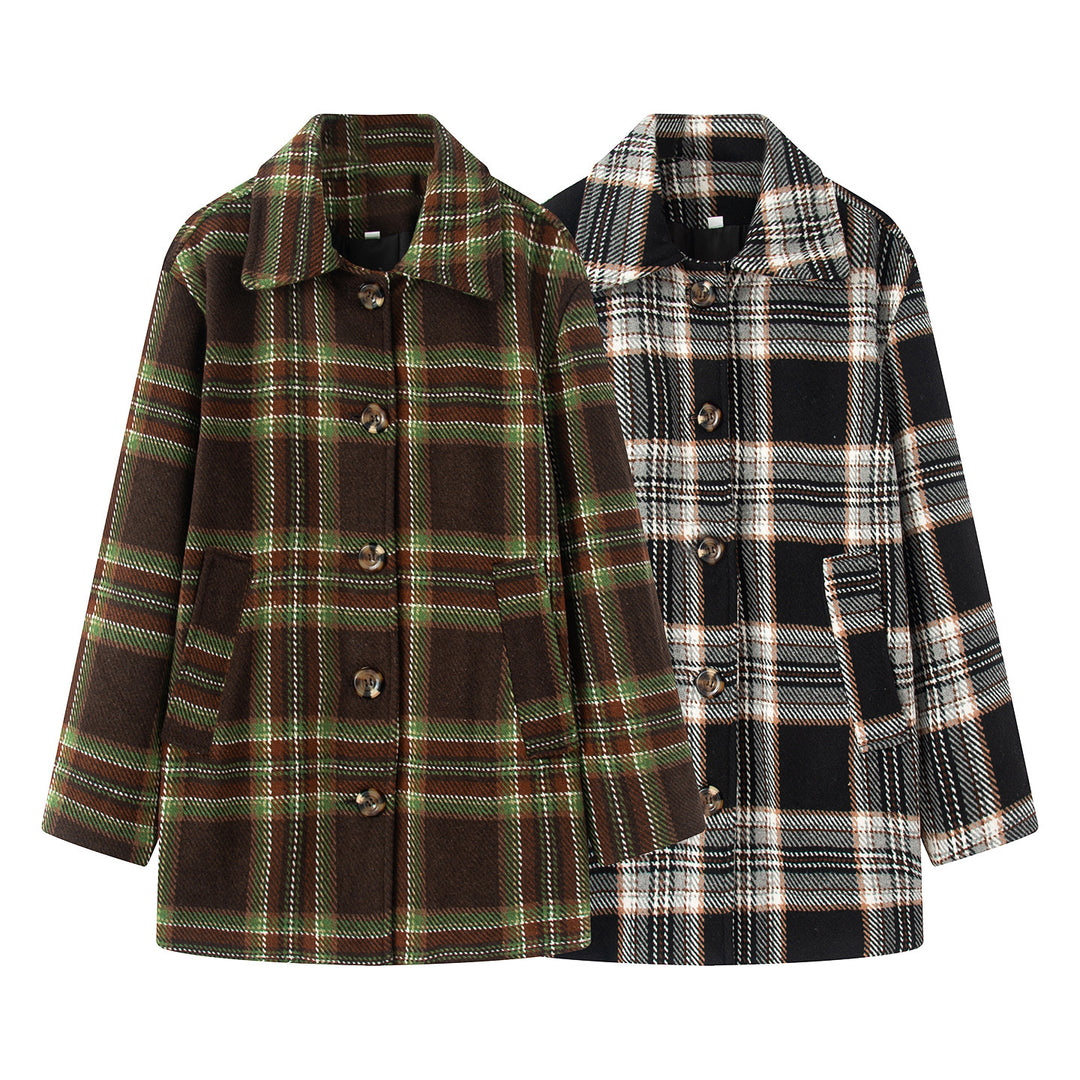 Women's checked wool blend coat with shirt collar, hidden button placket and patch pockets Mune Fashion
