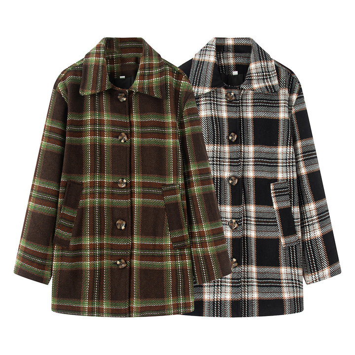 Women's checked wool blend coat with shirt collar, hidden button placket and patch pockets Mune Fashion