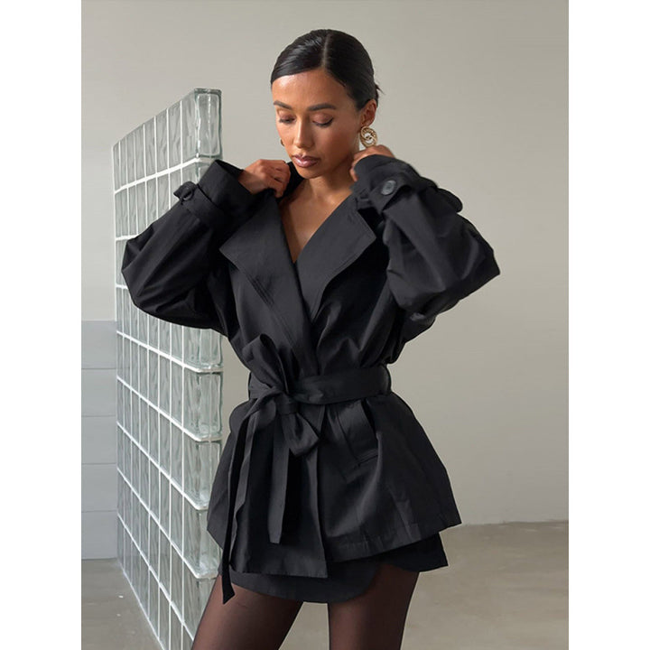 Women's Short Tailored Trench with Cape Overcoat and Tie Belt Mune Fashion