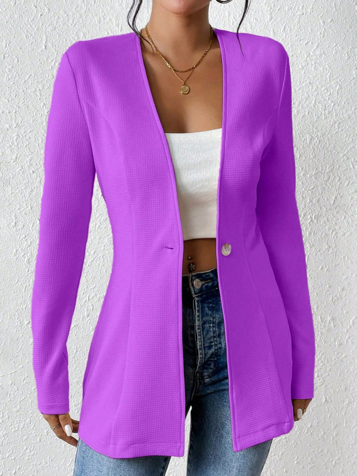Ladies Tailored Long Blazer with V-Neck and One-Button Closure Mune Fashion