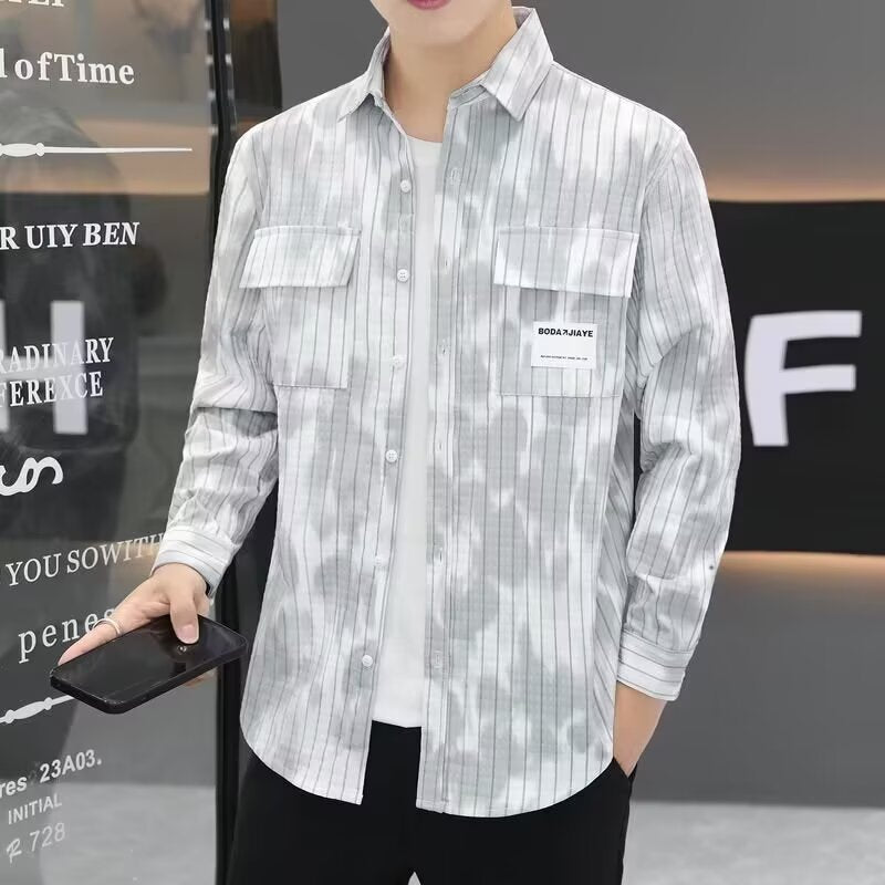 Men's Shirt Jacket with Vertical Pinstripes and Patch Chest Pockets Mune Fashion
