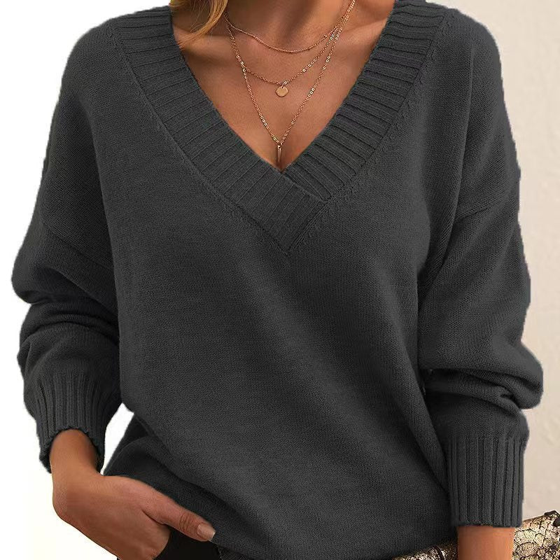 Women's Oversized V-Neck Knit Sweater with Ribbed Cuffs Mune Fashion