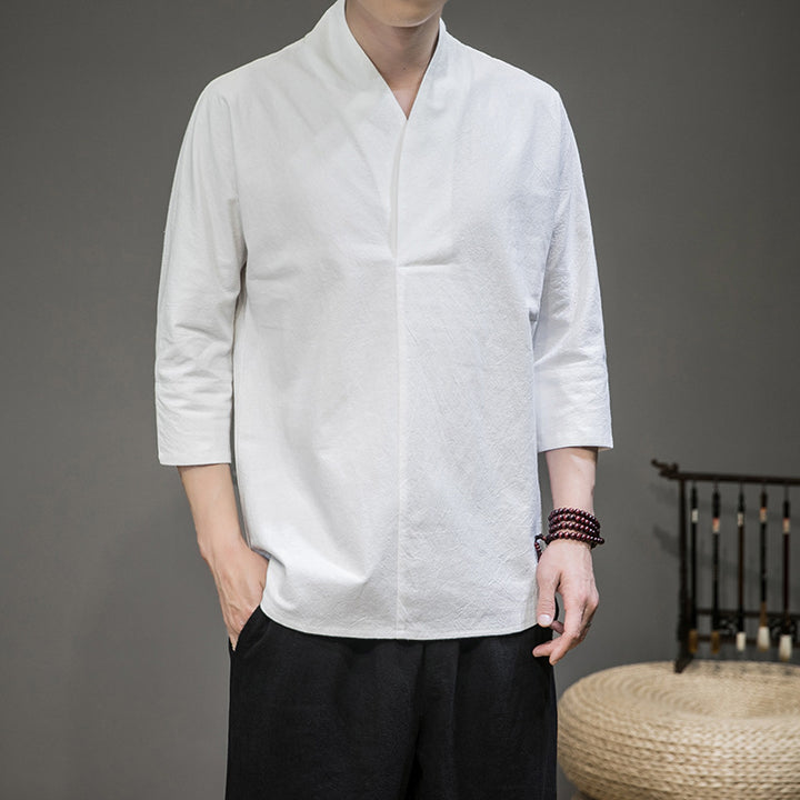 Men's modern cut kimono shirt jacket with V-neck and 3/4 sleeves Mune Fashion