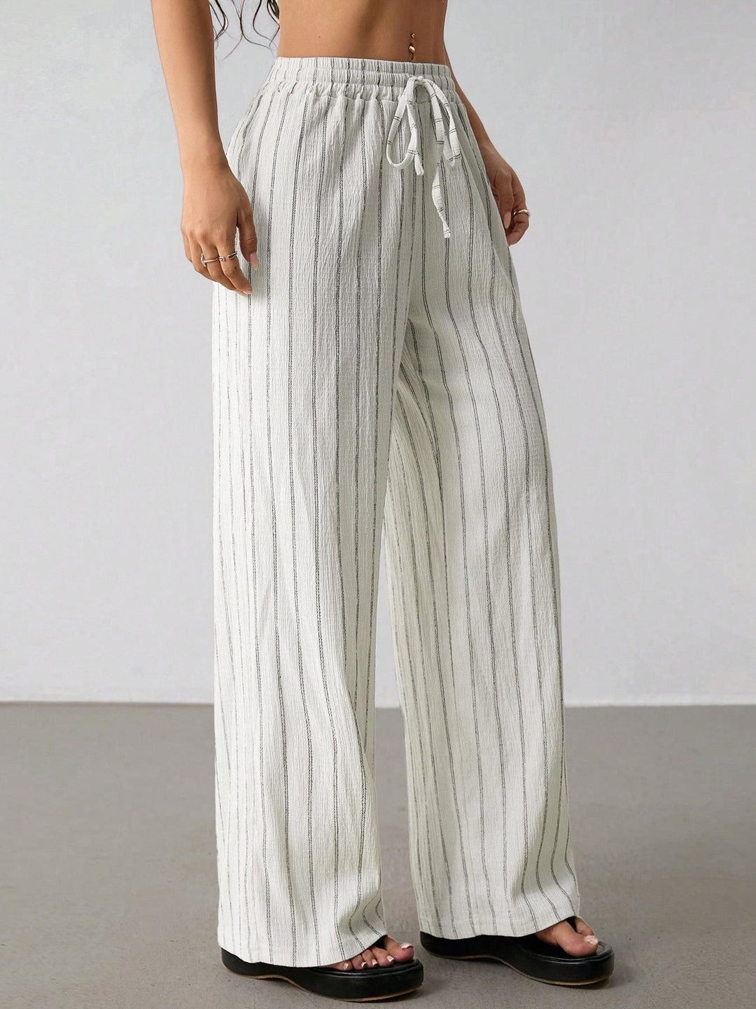 Women's Wide Knit Pants with High Waist and Drawstring Mune Fashion
