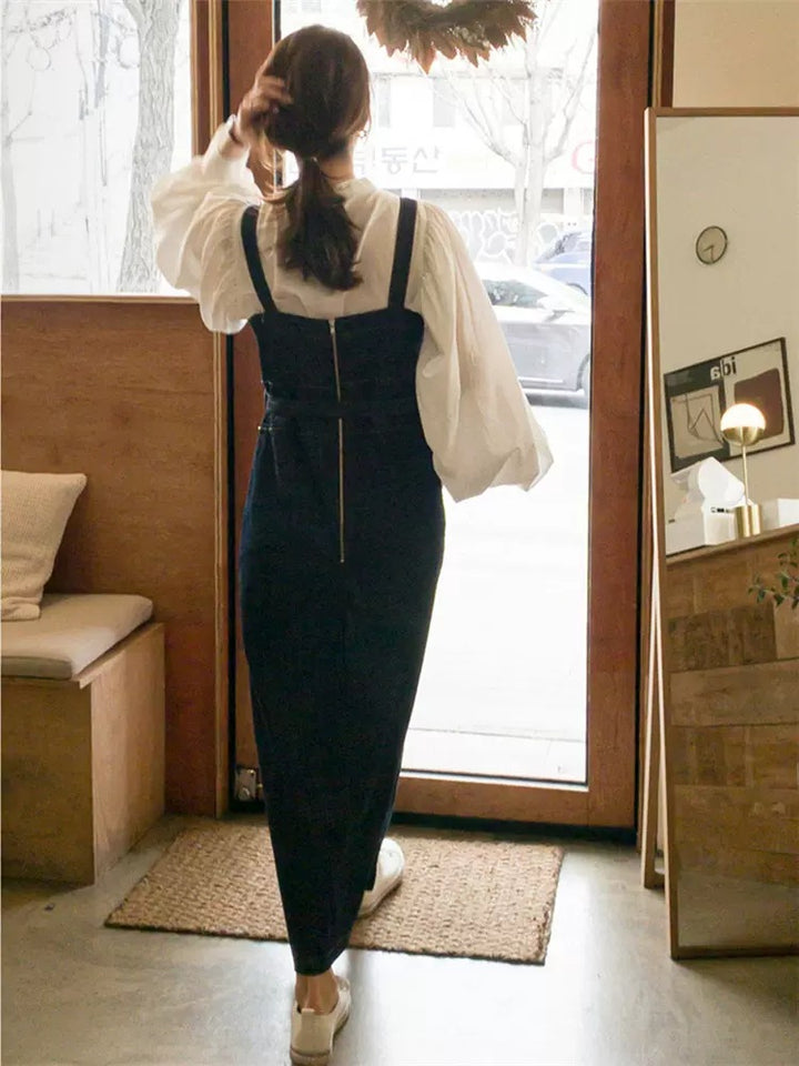 Women's Long Jeans Overall Dress with Square Neckline, Waistband and Front Leg Split Mune Fashion