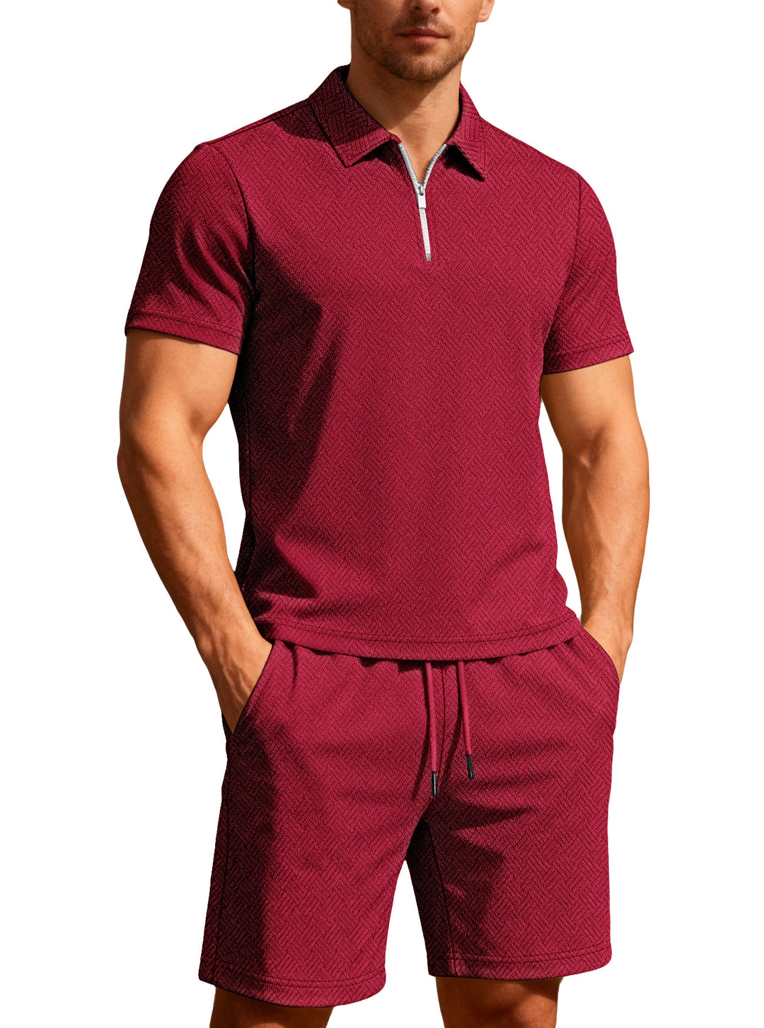 Men's comfortable lounge two-piece set made of structured cotton blend with half-zip polo shirt and drawstring shorts Mune Fashion