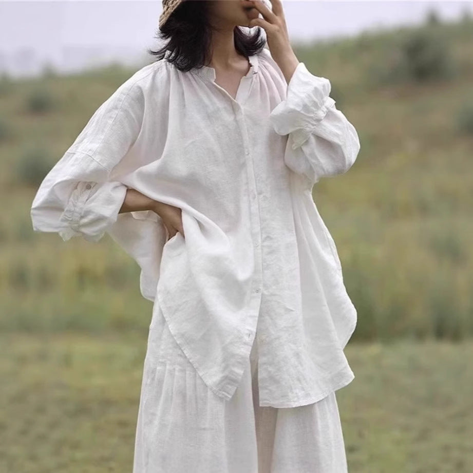 Women's Loose Oversized Linen Shirt with Stand Collar, Gathered Shoulder Yoke and Wide Balloon Sleeves Mune Fashion