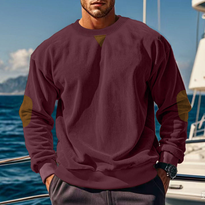 Men's ribbed knit sweater with round neckline elbow patches and decorative triangle Mune Fashion