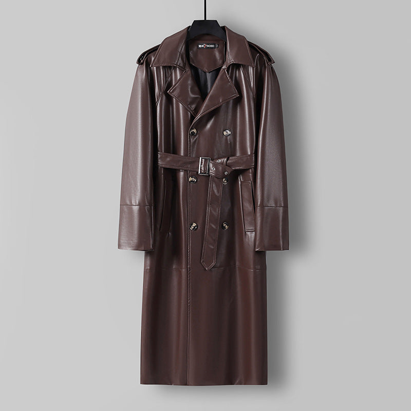 Men's Long Faux Leather Trench Coat with Double Breasted, Belted Waist and Epaulettes Mune Fashion