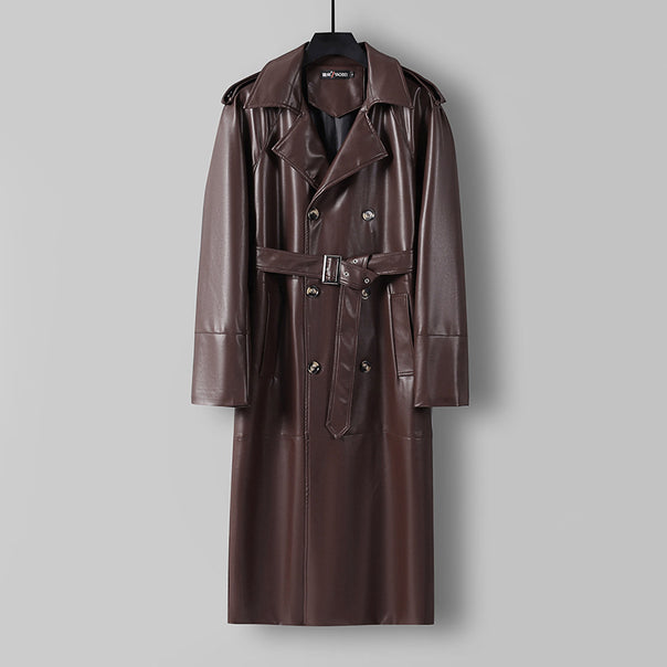 Men's Long Faux Leather Trench Coat with Double Breasted, Belted Waist and Epaulettes Mune Fashion