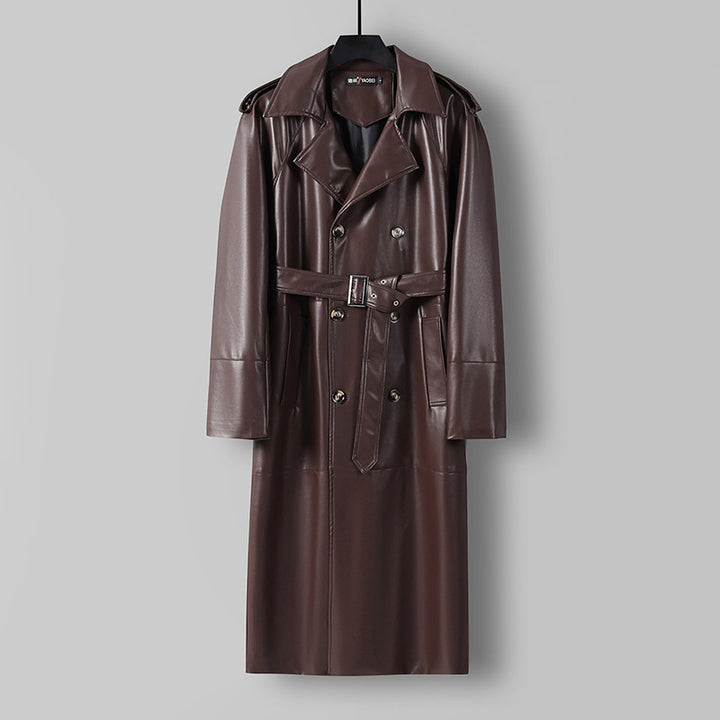 Men's Long Faux Leather Trench Coat with Double Breasted, Belted Waist and Epaulettes Mune Fashion