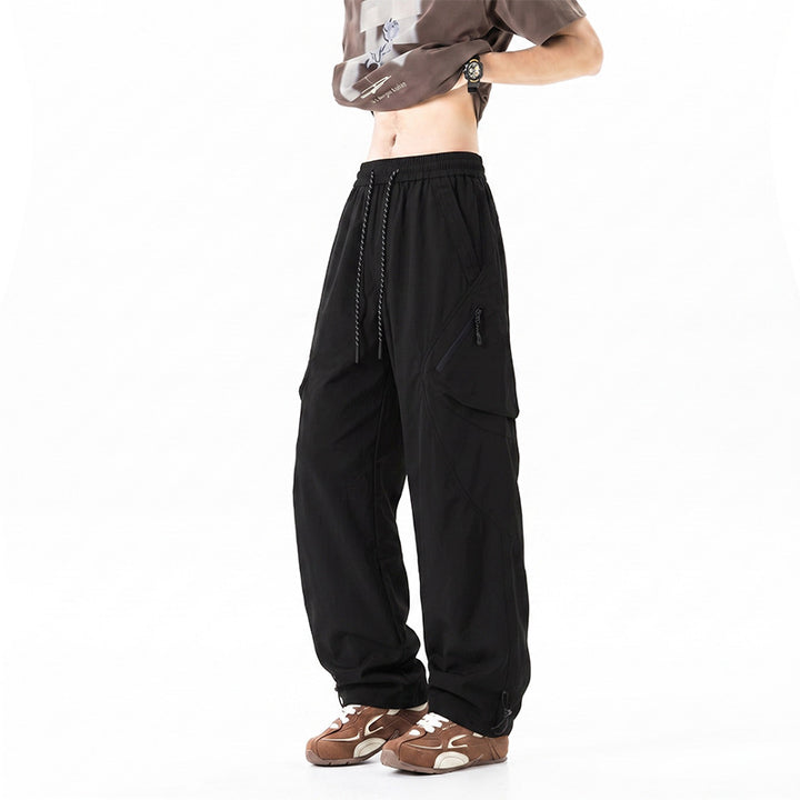 Men's Wide Technical Utility Cargo Pants with Drawstring Waist and Multifunctional Pockets Drune