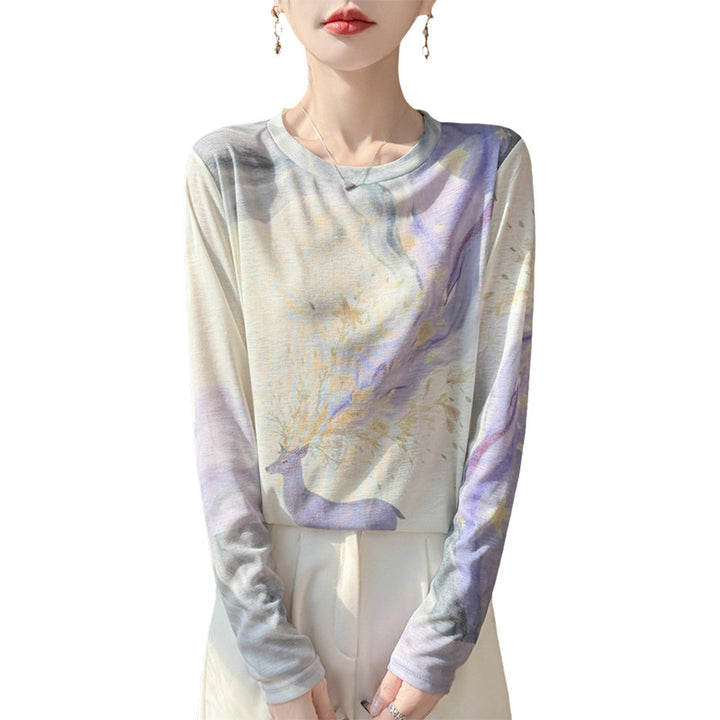 Ladies Lightweight Long Sleeve Shirt made of Viscose Mix with Watercolor Print and Round Neckline Mune Fashion