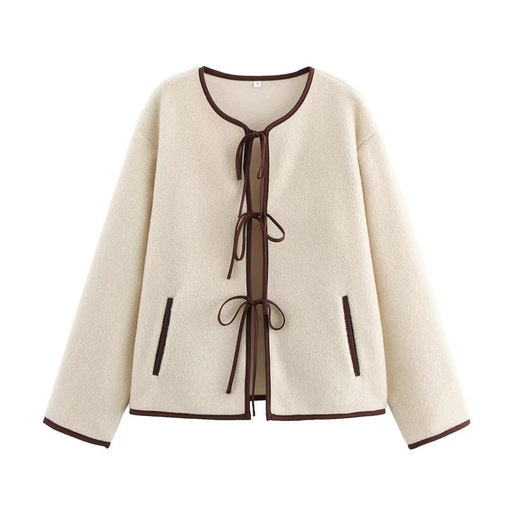 Women's Short Cut Teddy Fleece Jacket with Ties and Contrast Piping Mune Fashion