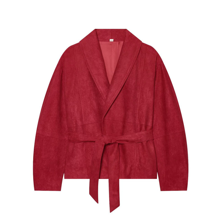 Women Cropped Jacket in Kimono Style made of Velvet Look with Shawl Collar and Tie Belt Mune Fashion