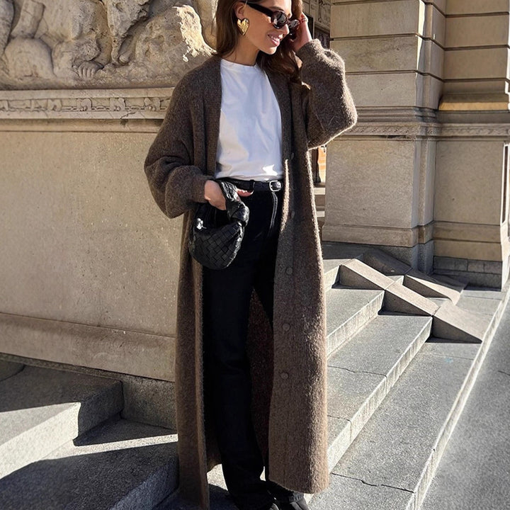 Women Maxi Long Knit Coat in Mohair Look with Concealed Button Placket and Loose Silhouette Mune Fashion