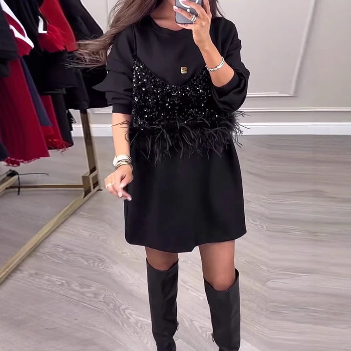 Women's Nan Sweatshirt Mini Dress with Sequin Front and Feather Trim Mune Fashion